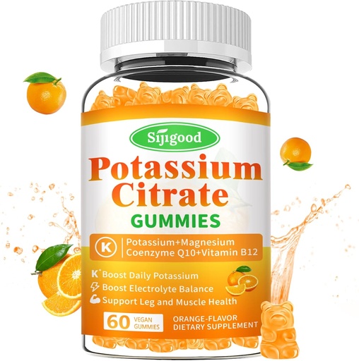 [BRSRAHDYO4MRQCQ2] Gummies de citrato de potasio – Suplemento de Potasio de Alta Potencia para la salud muscular, alivio de cáñamo de pierna, equilibrio de electrolitos – Vegano, No GMO, libre de gluten, sabor de naranja, 60 condes