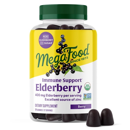 [BRSWY2QOBMDQKDTZ] MegaFood Elderberry Gummies for Kids, Teens & Adults, Immune Support Supplement, Gummy Vitamins - Made with Zinc & Real Food, Pectin-Based, USDA Organic, Vegan - 54 Count, 27 Servings