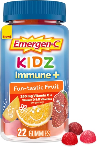 [BRSW2ZIHBZ7GMFA3] Emergen- C Kidz Imunitní + Imunitní podpora Dietní doplňky, ochucené gumy s vitamínem C, B vitaminy a vitamin D pro imunitní podporu, Fun- Tastic ovoce ochucené gumy - 22 Počet