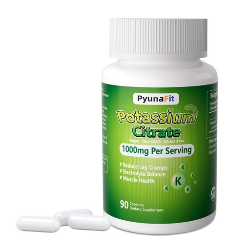 [BRSRAHQFPMBGYDI7] Potassium Supplement 1000mg – High Potassium Citrate for Leg Cramps, Muscle Health, and Heart Support, Non-GMO & Gluten-Free, 90 Capsules
