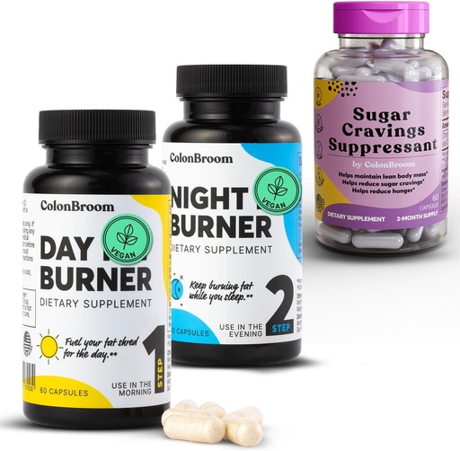 [BRSRAGI5O4NGO3DK] ColonBroom Day & Night Burner Supplements, Weight Management Pills (60 Servings) + Sugar Craving Suppressant - Chromium Picolinate 200mcg (60 Servings), 3 Items