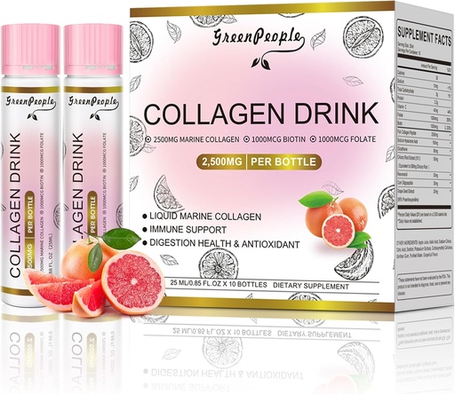 [BRSRA2QLOYCR6A32] GREENPEOPLE Liquid Collagen for Women & Men, 2500mg Fish Collagen Peptides + Hyaluronic Acid + Vitamin Bs & C, Hair Skin Nails Joints Bones Support (0.85 fl oz, 10 Bottles, Grapefruit)