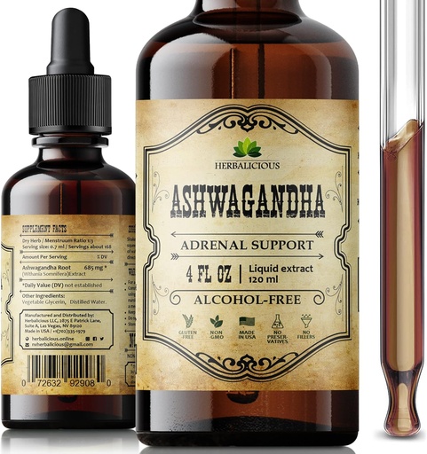 [BRSRMEIOAEFGY3I7] Ashwagandha kiegészítők - Organic Withania Somnifera Root kivonat folyékony cseppek - Natural Stress Relief, Mood Booster, Sleep Aid & Calming Support - Non-GMO, Vegan Formula - 4 fl oz