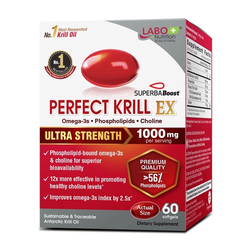 [BRSWGFIQDMBGG3YU] LABO Nutrition Perfect Krill EX, 1000mg Antarctic Krill Oil Omega 3 EPA DHA, Highest Phospholipids (Over 56%) with Choline, Astaxanthin | Heart Brain Eye Joint Health, Made in USA, 60 softgels