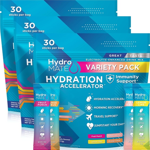 [BRSRMZACCICAYEL6] HydroMATE Electrolyte Powder Variety Pack Tömeg Hidratációs csomagok Alacsony cukor 90 Count