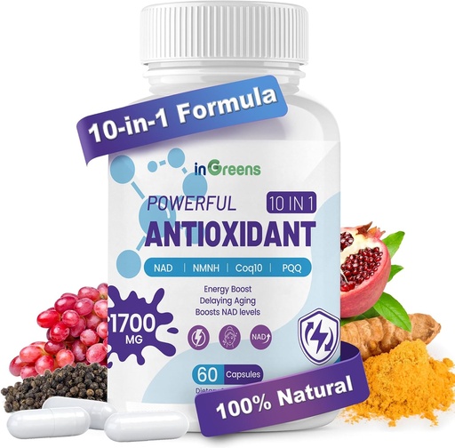 [BRSRAED4A4BB4EQ6] 10-in-1 Antioxidants Supplement, 1700MG Super Antioxidant for Women and Men, Powerful Antioxidants with NAD, NMNH,Coq10, Resveratrol, Cell Repair & Reducing Free Radical Damage, 60 Capsules