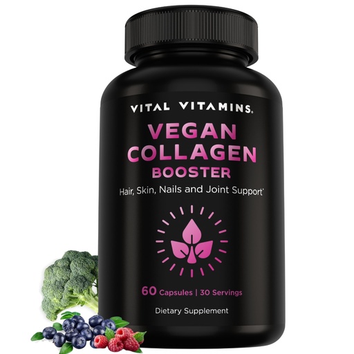 [BRSRMGQFAEIQMCAV] Vital Vitamins Vegan Collagen Booster - with Silica and Hyaluronic Acid - Plant-Based Collagen Supplements - Supports Hair, Skin, Nails & Joints - 60 Capsules