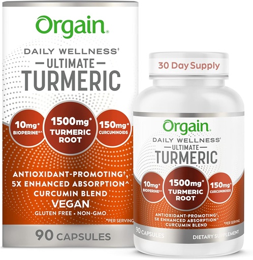 [BRSRM2Q5AFYBUE33] Orgain Ultimate Turmeric Supplement 1500mg, Curcumin and Bioperine Black Pepper Extract Herbal Blend, Supports Antioxidant and Heart Health - 90 Capsules, 1 Month Supply
