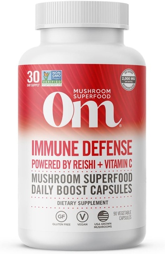 [BRSWGHT2AABWOAYU] Om Mushroom Superfood Immune Defense Mushroom Capsules Superfood Supplement, 90 Count, 30 Days, Mushroom Blend, Reishi, Turkey Tail, Maitake, Agaricus Blazei, Vitamin C, Vegan