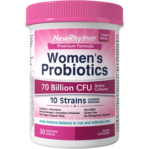 [BRSRAFQZCAHBMHTJ] NewRhythm Women's Probiotics, Organic Prebiotics, 70 Billion CFU 10 Strains, Vaginal Probiotics for Urinary & Digestive Health, 30 Vegan Capsules, No Bloating