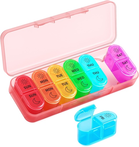 [BRSROHYYPIIRY33G] Betife Weekly Pill מארגנת 2 פעמים ביום, 7 Day Pill Box AM PM, Portable Travel Pill Case, Daily Pill Container Day and Night, Medicine מארגנת עבור תרופות, ויטמין או תוסף (Pink)