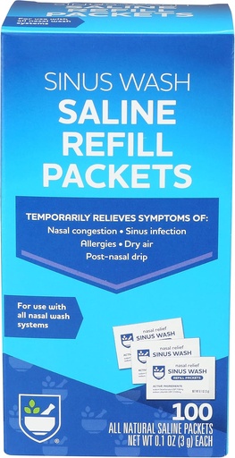 [BRSWGAIRA5YR43TZ] Rite Aid Sinus Wash Refill Kit, Individually Wrapped Saline Packets - 100 Count | Nasal/Allergy Relief Saline Solution for Neti Pots | Nasal Rinse