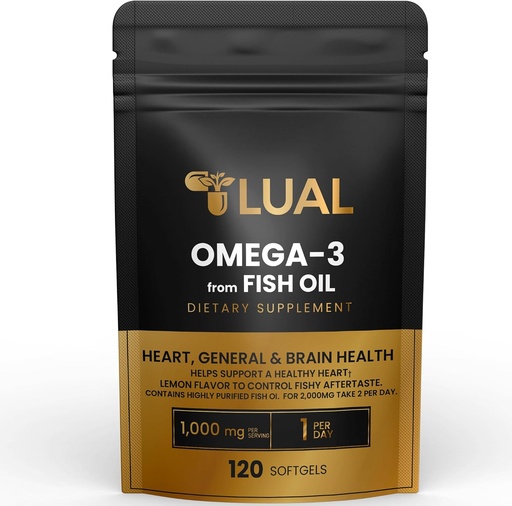 [BRSRAHYYCMGWYEL7] LUAL Omega-3 Fish Oil Softgels – 1000mg with EPA and DHA, Lemon Flavor, Burpless, Non-GMO Formula for Heart, Brain, and Overall Wellness – 120 Count
