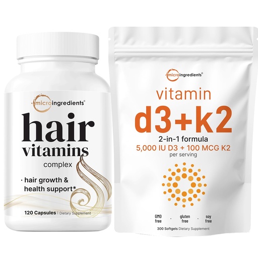 [BRSRAGA7OYIGOCA6] Micro Ingredients Vitamin D3 5,000iu + K2 100mcg Softgels & Hair Vitamins Complex Capsules Bundle 2 Pack | Essential Sunshine Vitamins | 14-in-1 Advanced Hair Growth Support