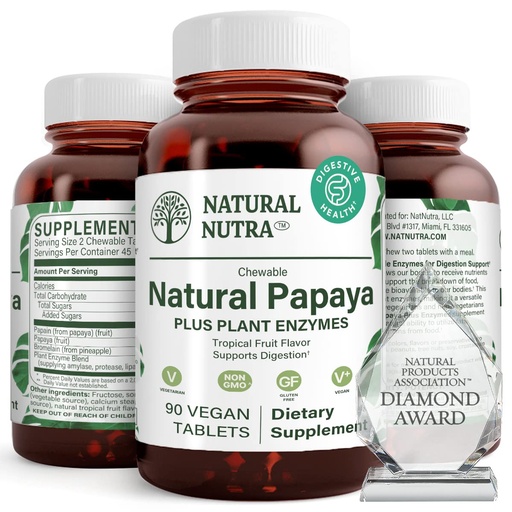 [BRSWGEAEBMFAO2DU] Natural Nutra Papaya Chewable Enzymes for Digestion and Body Cleanse - Supports Digestive Health, Ease Gastrointestinal Discomfort - Nutrient Absorption and Reduces Bloating - 90 Vegan Tablets