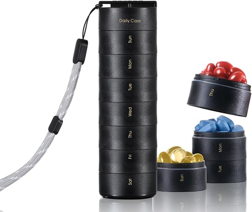[BRSRAZAQOQNWGC3O] Ankomn Travel Vitamin Organizer – Stackable Daily Organizer with Secure Twist Lid, Airtight & Lightweight for On-The-Go. Durable BPA-Free Material, Great for Pills, Supplements & Vitamins (Black)