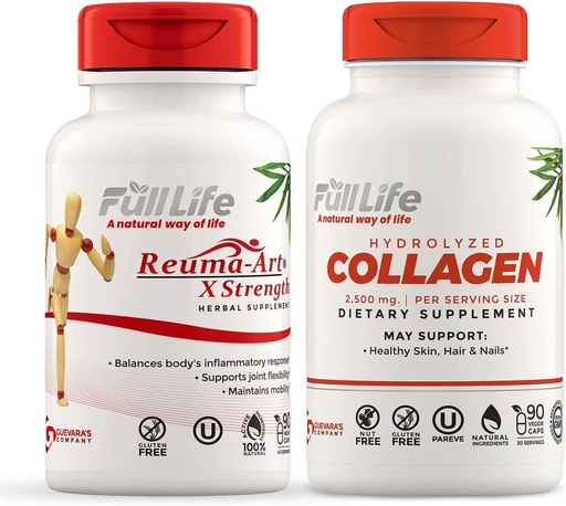 [BRSROYYPOUHB42Q6] Full Life Reuma-Art X Strength and Hydrolyzed Collagen - Joint Support Supplement - Bovine Collagen Pills - Kosher, Gluten-Free - 90 Veggie Capsules Each
