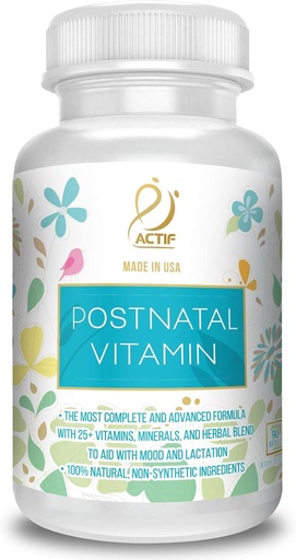 [BRSWKFYOCV6BKD3A] ACTIF Postnatal Vitamin med 25+ organiske vitaminer og organiske urter, sykepleier og lactasjon Supplement, støtter babyens hjerneutvikling, ikke-GMO, laget i USA, 90 count