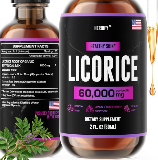 [BRSW2CQLB4DR43IZ] HERBIFY Licorice Root Extract - Powerful Licorice Supplement - Lung Support Supplement - Licorice Extract för hudhälsa och immunstöd - Made in USA - 2oz