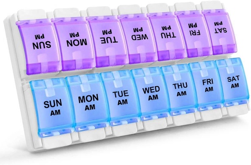 [BRSRMYIBCQAQKAA3] Sukuos AM PM Weekly 7 Day Pill Organizer, 2 Times A Day Pill Box with Arthritis Friendly Push Button, Medicine Cases for Vitamin/Fish Oil/Supplements, Easy to Clean (Purple&Blue)