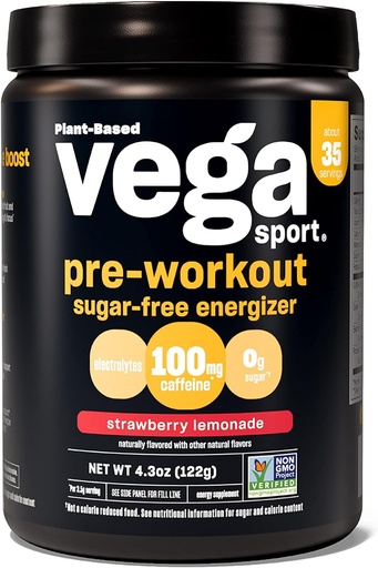 [BRSWGFD7AV5BM236] Vega Sport Sugar Free Pre-Workout Energizer, Strawberry Lemonade - Pre Workout Powder for Women & Men, Supports Energy and Focus, Electrolytes, Vegan, Keto, Gluten Free, Non GMO, 4.3 oz