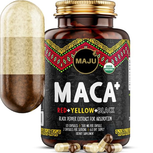 [BRSWGHQOCV4BMHQ7] Maju Superfoods 4-in-1 Maca Root Capsules, Organic Black, Yellow & Red Roots w Black Pepper Extract for Absorption (120 ct) | Peru Product, Peruvian Powder, Men & Women Supplement, 60,000 mg