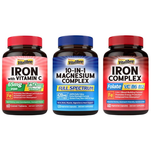 [BRSRAAQTDEFQEEL5] 10 in 1 Magnesium Complex & Iron Supplement, 65mg Carbonyl Iron with 250mg Vitamin C & 5 in 1 Iron Complex