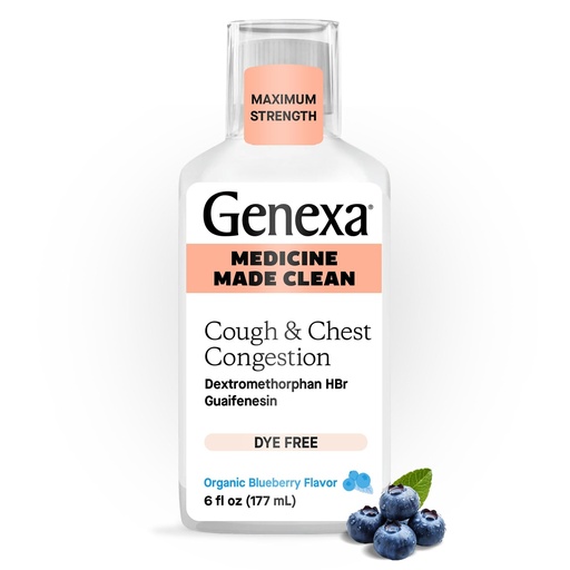 [BRSRMGABA4JWK3IU] Genexa Clean Cough & Chest Congestion Relief, Dye Free, 0% Artificial Additives, Multi-Symptom Maximum Strength Relief Cough Syrup, Cough Suppressant & Expectorant, Organic Blueberry Flavor, 6 fl oz