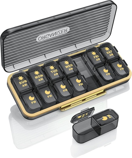 [BRSRMAA3DIFWGHY4] Pill Organizer 2 Times A Day, 7 Day Am Pm Pill Box - Acedada Weekly Pill Organizer Twice A Day, Portable Removable Daily Medicine Container Dispenser Case for Vitamin Fish Oil Supplement, Black Grey