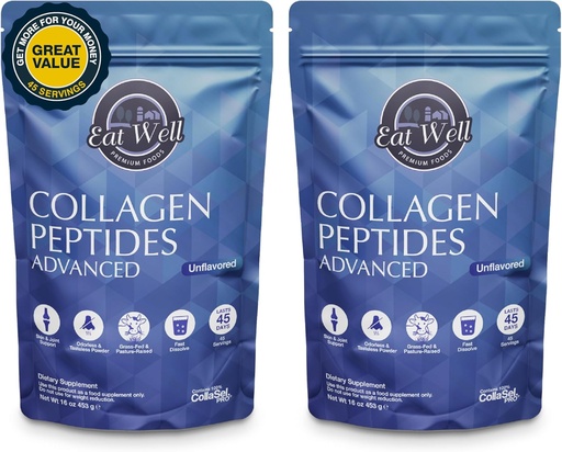 [BRSRAEATBZ6R4AY4] EAT WELL PREMIUM FOODS Collagen Peptides Powder Protein 45 Servings, 16oz, Collagen for Skin, Bone and Joint Support, Type I & III Grass Fed Collagen (45 Servings (Pack of 2), Unflavored)