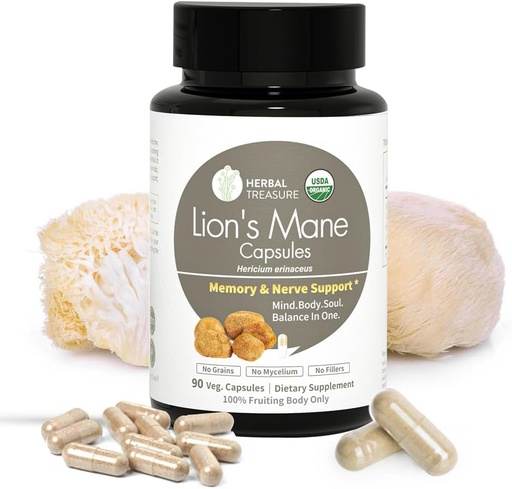 [BRSRAYL7DINBQDY6] Herbal Treasure Lions Mane Supplement Capsules, виготовлені з органічних левів Mane порошок для чоловіків та фокус добавки, 800mg Lions Mane Порошок органічного гриба добавки 90 Caps