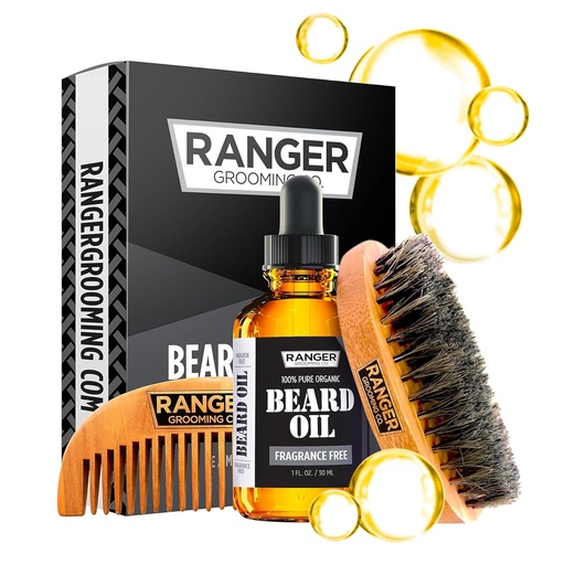 [BRSWG234PMMRA23P] Beard Kit by Ranger Grooming Company by Leven Rose, 100% Organic Fragrance Free Unscented Beard Oil, Boar Bristle Beard Brush, Natural Wood Comb Beard Care Starter Set for Men