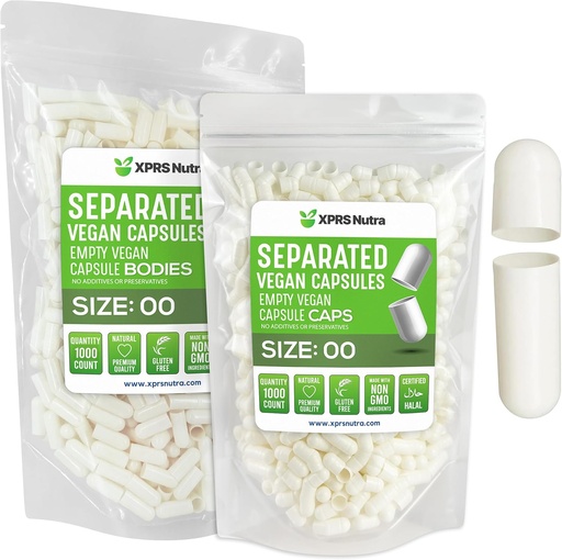 [BRSROFATC4BGCYL4] XPRS Nutra Vegan Size 00 Separated Capsules - 1000 Count Premium Empty Capsules Separated in Bags - 00 Pills Empty for DIY Supplement Filling (White)