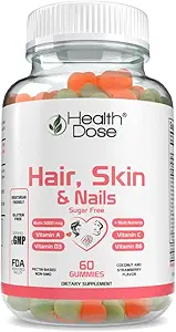 [BRSRMGL3C5YBU2Y7] Health Dose Hair Skin Nails with Biotin 5000 mcg, Vitamin A,D3,C & B6, Gluten & Sugar Free, Coconut & Strawberry Flavor 60 Count Gummies.