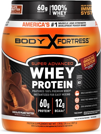 [BRSRMGAFAUNRM2T6] Body Fortress 100% Whey, Premium Protein Powder, Chocolate Peanut Butter, 1.78lbs (Packaging May Vary)