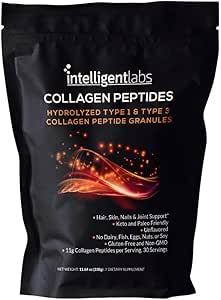 [BRSRA236DEAR4EY2] Intelligent Labs Hydrolyzed Type 1 and 3 Collagen Peptide Granules, Collagen Powder Unflavored, Keto and Paleo-Friendly, Third-Party Verified For Purity, 11g per Serving, 30 Servings a Pouch