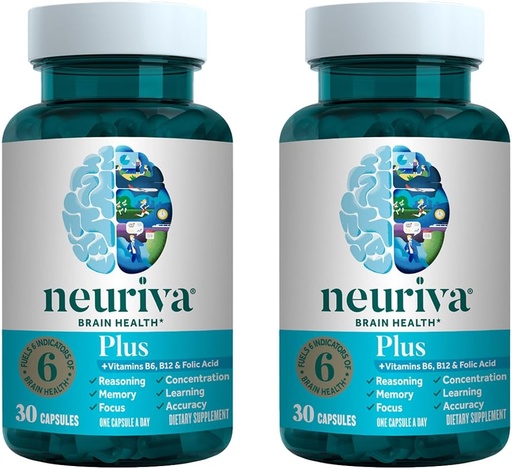 [BRSWGAY7AFYQG2A7] NEURIVA Plus Brain Supplement for Memory, Focus & Concentration + Cognitive Function with Clinically Tested Nootropics Foszfatidilserin and Neurfactor, VIT B6 & B12, 30 Count Capsules (2 Pack)