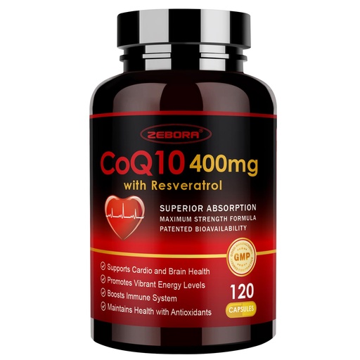 [BRSROCANC55RMF3Z] ZEBORA CoQ10-400mg with Trans-Resveratrol, PQQ & Vitamin E - High Absorption Coenzyme-Q10 with BioPerine - Powerful Antioxidant for Heart & Energy-Production,120 Veggie Capsules
