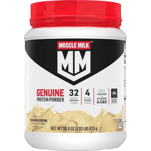 [BRSRMZYFOUGWMF3P] Muscle Milk Genuine Protein Powder, Banana Crème, 1.93 Pounds, 13 Servings, 32g Protein, 4g Sugar, Calcium, Vitamins A, C & D, NSF Certified for Sport, Energizing Snack, Packaging May Vary