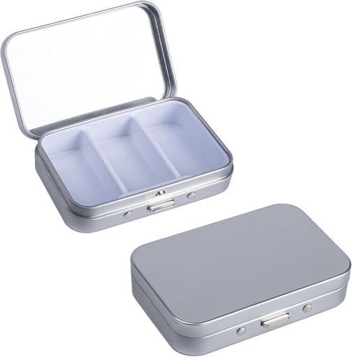 [BRSRAHYCPIJWK3Q6] 2Pack Pill Box 3 Compartment Pill Case,Portable Metal Travel Pill Box with Mirror for Medicine, Vitamins,Fish Oil and Supplements,Portable Pill Box for Pocket or Purse(Silver)