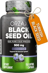 [BRSROHAQOJ5GGYAU] ORZAX Black Seed Oil Cold Pressed 100% Pure | Non-GMO – Rich in Omega 3 6 9 & Thymoquinone | Black Cumin Nigella Sativa Oil for Immune Support, Hair, Skin, Face (150 Softgel Capsules)