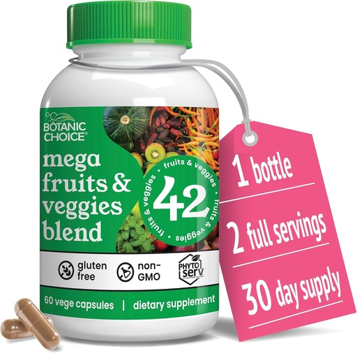 [BRSRMHQ2A55GG33V] Botanic Choice Mega Fruits and Veggies Blend - 42 Fruit & Vegetable Superfood Capsules - Elderberry, Chlorella, Kale - Supplements - 60 Capsules