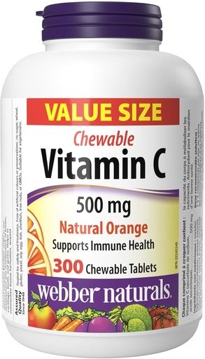[BRSWGED5CAIQMALO] Webber Naturals Vitamin C, 300 Chewable Orange Tablets, 500 mg of Vitamin C Per Tablet, Bones, Teeth, Immune and Antioxidant Support
