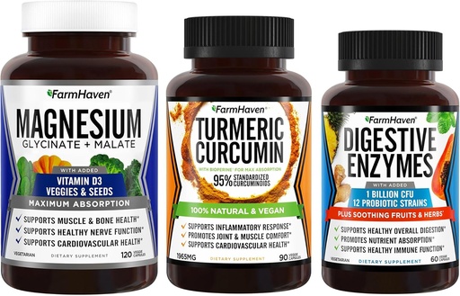 [BRSW2Y33CMCAIELA] FarmHaven Magnesium Glycinate & Malate Complex w/Vitamin D3 & Turmeric Curcumin with BioPerine Black Pepper & Digestive Enzymes with 18 Probiotics & Herbs