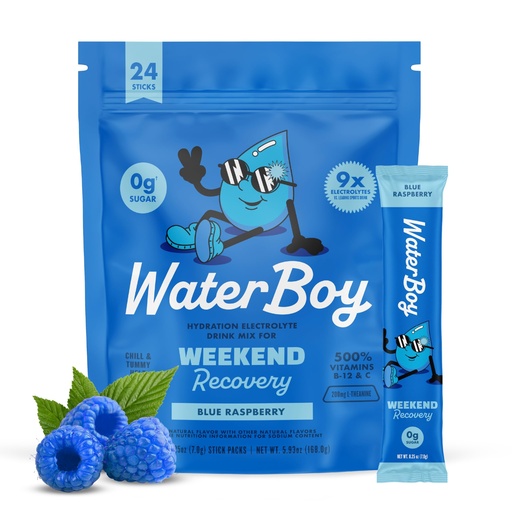 [BRSRMYAPAUCQGEY6] Waterboy - Weekend Recovery, Blue Raspberry, Sugar Free Electrolytes Powder Drink Mix - 24ct Hydration Packets