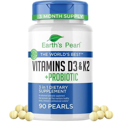 [BRSWKZYMDMMB4AD6] Earth's Pearl Vitamin D3 K2 5000 IU - 3-in-1 K2 D3 Vitamin Supplement with Probiotics for Women & Men, 3-Month Supply, Gut Health Supplements for Women & Men (90 CT)