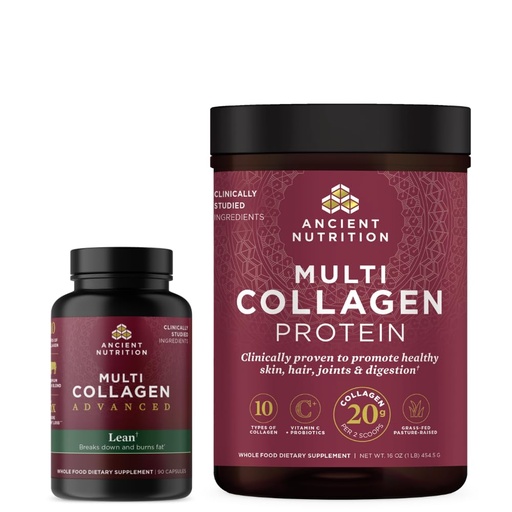 [BRSROAAKCMDRGHLA] Ancient Nutrition Multi Collagen Advanced Capsules, Lean, 90 Count + Multi Collagen Protein Powder, Unflavored, 45 Servings