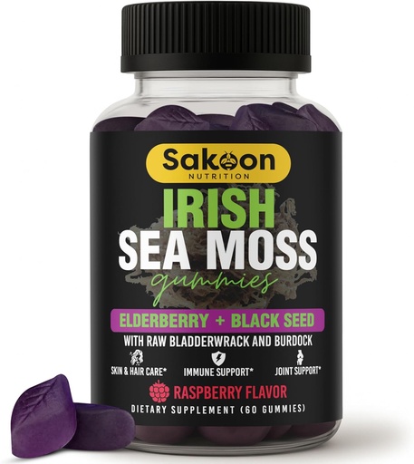 [BRSRMEILCV5AIADU] Mar irlandés Moss Gummies with Elderberry &amp; Black Seed Oil - Wellness general Apoyo ← Rich in Vitamins, Raspberry Flavor ← 60 Gummies