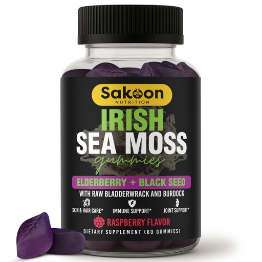 [BRSRMEILCV5AIADU] Sakoon nutrition Irish Sea Moss Gummies with Elderberry & Black Seed Oil - Overall Wellness Support | Rich in Vitamins, Raspberry Flavor | 60 Gummies