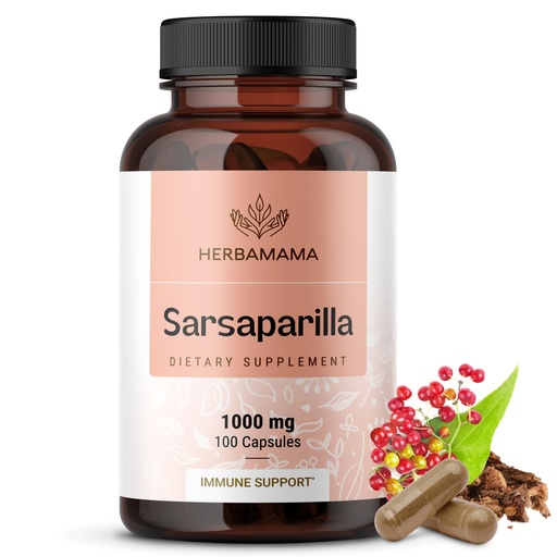 [BRSWGA34PN5BGYL7] HERBAMAMA Sarsaparilla Root Capsules – Liver Support, Skin Health & Gentle Detox Support Herbal Supplement – 1000 mg Sarsaparilla Root Powder per Serving – Vegan, Non-GMO,100 Capsules (50 Servings)